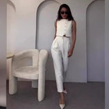 Zingj New 2024 Summer Sleeveless Vest Jacket High Waist Straight Leg Pants Solid Color Two-Piece Set-Outfit