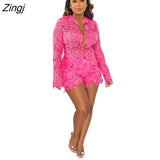 Holes 2 Piece Sets Womens Outfits Sexy Solid Hollow Out Long Sleeve Lace Coat Top + Shorts Summer