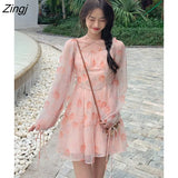 Spring Vintage Midi Dress Women Elegant Princess Lantern Sleeve Floral Fairy Dress Casual Sweet Beach Korean Party