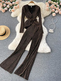 Bright Silk Two Piece Set Women Elegant Blue/Red V-Neck Long Sleeve Blouse+High Waist Wide Leg Pants Suit Spring