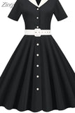 Turn-down Collar Blue Summer Dress Women Elegant Short Sleeve Solid Office Party Midi Sundres A-line High Waist
