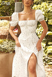 Vintage Summer Elegant Boho Floral Print Slit Maxi Dress Women French Romantic Puff Sleeves Urban Vacation Beach
