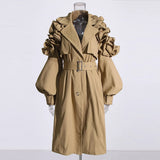 Sister Wind 2025 Autumn New Advanced Sense Fold Splicing Bubble Sleeve Closed Waist Long Solid Color Coat