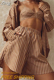 Women 3 Piece Matching Suits Striped Solid Sling Bra Tops+Long Sleeve Lapel Shirt+Elastic Waist Shorts Vintage