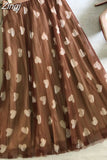 Spring and Summer Mesh Long Women's Skirts High Waist Love Printed Elegant A-Line Pleated Skirt Fashion