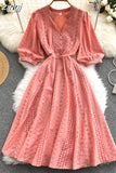 Women Green/Orange/White Hollow Out Midi Dress Elegant V-Neck Puff Short Sleeve High Waist Party Robe Female Vestido