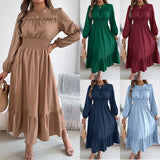 Shooting 2025 Autumn And Winter Pure Color Elegant Wood Ear Waist 100 Folding Long Dress Women's