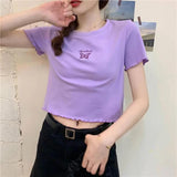 Zingj 2024 Summer High Waist Crop Short T-Shirt Women Slim And Thin Butterfly Embroidery Short-Sleeved Top