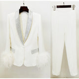 New Luxury Ostrich Feathers Hot Green Fruit Collar Blazer Trousers Suit Suit