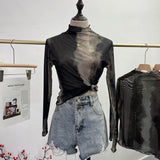 Shooting Wave Side Half-High Collar Net Yarn Dyed Long Sleeve Thin Inside The Bottom Shirt Autumn And Winter Folded T-Shirt