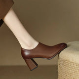 Zingj New Square Head Retro Casual Single Shoes Thick Heel Side Zipper Deep Mouth High Heel Square Head Black Solid Color Single Shoes Women-Outfit