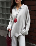 And Winter Solid-Color Lap-Over Sweater Set Women's Loose Knit Polo Collar Sweater Broad Leg Pants