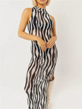 Women Long Dress Striped Print Sleeveless O-neck Mesh Sheer See Through Side High Split Beach Cover Up Female