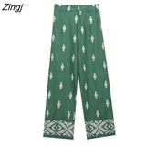 Women Vintage Totem Floral Embroidery Casual Linen Wide Leg Pants Female Chic Zipper Fly Trousers Pantalones Mujer