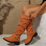 And Winter New Folded Flat Bottom Western Cowboy Boots Buckle Boots Coarse And Thin Barrel Knight