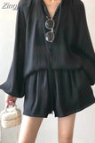 Two Piece Set Fashion Korea New Summer Long Sleeve Sunscreen Blouse Women + Ladies Womens Casual Loose Black Shirt Shorts