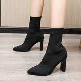 Flying Elastic Skinny Boots Women Autumn Large-Size High-Heeling Mid-Clinity Fashion Short Boots
