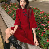 Sleeve Dress Solid Mandarin Collar Cheongsam Mini Korean Sweet Style High Street Vintage Design Chic Stylish Vestido