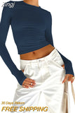 Women Spring Fall Casual Slim Fit Basic Crop Tops Solid Color Long Sleeve Crew Neck Pullover Tight Tee Shirts