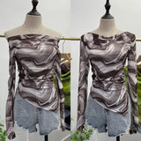Dyed Printed Shoulder T-Shirt Design Sense Irregular Open Fork Thin Mesh Long Sleeve Top