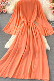 Purple/Orange/Red Draped Long Dress Boho Round Neck Flying Sleeve High Waist Elegant Vacation Beach Robe Bohemian
