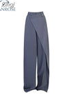 Women Clothing Buttons Irregular Patchwork High Waist Loose Mopping Pants All-match Solid Suit Straight Trousers