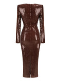 Brown Sequin Deep V-Neck Long Sleeve Evening Midi Dress- Outfit