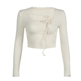 French Maiden Style Square Collar Bow Tie T-Shirt Sexy Short Navel Long-Sleeved