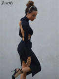 Elegant Solid Black Maxi Dress for Women Fashion Turtleneck Backless Bodycon Stretchy Long Prom Dress Casual