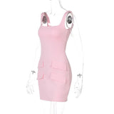 Satin Square Neck Mock Pocket Mini Dress- Outfit