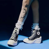 Zingj Slope Heel Canvas Shoes Female 2024 New Round Head Lace With Versatile Heighten Platform High Top Shoes Small White