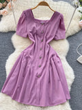 Vintage Square Collar Single Breasted Mini Dress Women Elegant Short Sleeve High Waist Ruffle Patchwork Casual