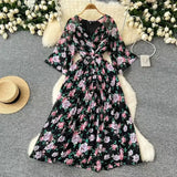 Retro Floral And Snow-Crushed Dress Woman Autumn Strapd To The Waist V Collar Horn Sleeve Temperament Over The Folded