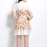 Elegant High-End Dress Woman 2025 New Collar Lantern Sleeve Buckle Waist Print