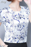 Women Floral Print Silk Casual Blouse 2023 Summer Korean Loose Short Sleeve Round Collar Casual Ladies Tops 9373