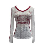 V-Neck Lace Letter-Print Fluoroskin Long-Sleeved T-Shirt Slimming Shirt Thin Top