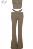 Autumn Solid Casual Elegant Women's Two Pieces Sets Tank Crop And Flare Pants Matching Outfits Simple Streetwear