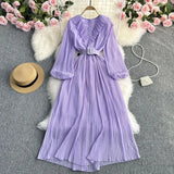 Zingj And Summer New Light Mature Temperament French Socialite Long Sleeve Waist Show Thin Dress Female Waist Pleated V Neck