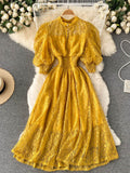 Women Lace Dress Spring Autumn Stand Collar Puff Sleeve High Waist Party Robe Female Elegant Green/Purple Midi