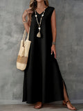 Summer Dress Women's Sleeveless V-Neck Side Opening Dress Elegant Long