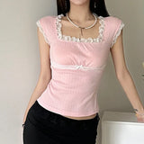 Aesthetic Lace Trim Short Sleeve Tee-Outfit