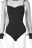 Pearl Mesh Puff Sleeve Bodysuit Women Tops See Through Skinny Bodycon Body Suit Rompers Basic Black Sexy