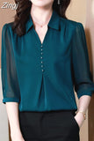 Women Shirts V-Neck Button Three-quarter Sleeve Blouses for Women 2023 Fashion Womens Tops Solid Basic OL Blue Ladies
