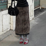 Zingj Wind Leopard Print Stitching Lace Lace Skirt Low Waist Draw Rope Contrast Color A Word Place Middle