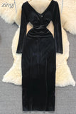 Winter Green/Black Velvet Long Dress Women Sexy V-Neck High Waist Bodycon Party Vestido Female Slim Maxi Robe New