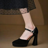 Temperament Coarse Velvet High-Heeled Shoes Women 2025 Spring Waterproof Table Thick Bottom Tip One By One With Shallow Mouth Empty