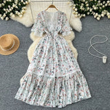 Dress Women's Summer High-End Feeling V-Neck Lace Splicing Bubble Sleeves To Close The Waist Of The Chopped Snowy
