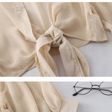 2023 Summer Half Sleeve Buttoned Up Shirt Loose Casual Blouse Chiffon Shirts Women Tied Waist Elegant Blouses for