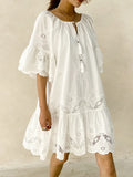 Lace Embroidery Mini Dress Women O Neck Lace Up Dress Female Ruffle Sleeve Tassle Beach Dress Ladies Hollow Out