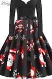 Women Christmas Dress Long Sleeve Vintage Elegant V Neck Print Big Swing Party Xmas New Year Winter Clothes S~3XL